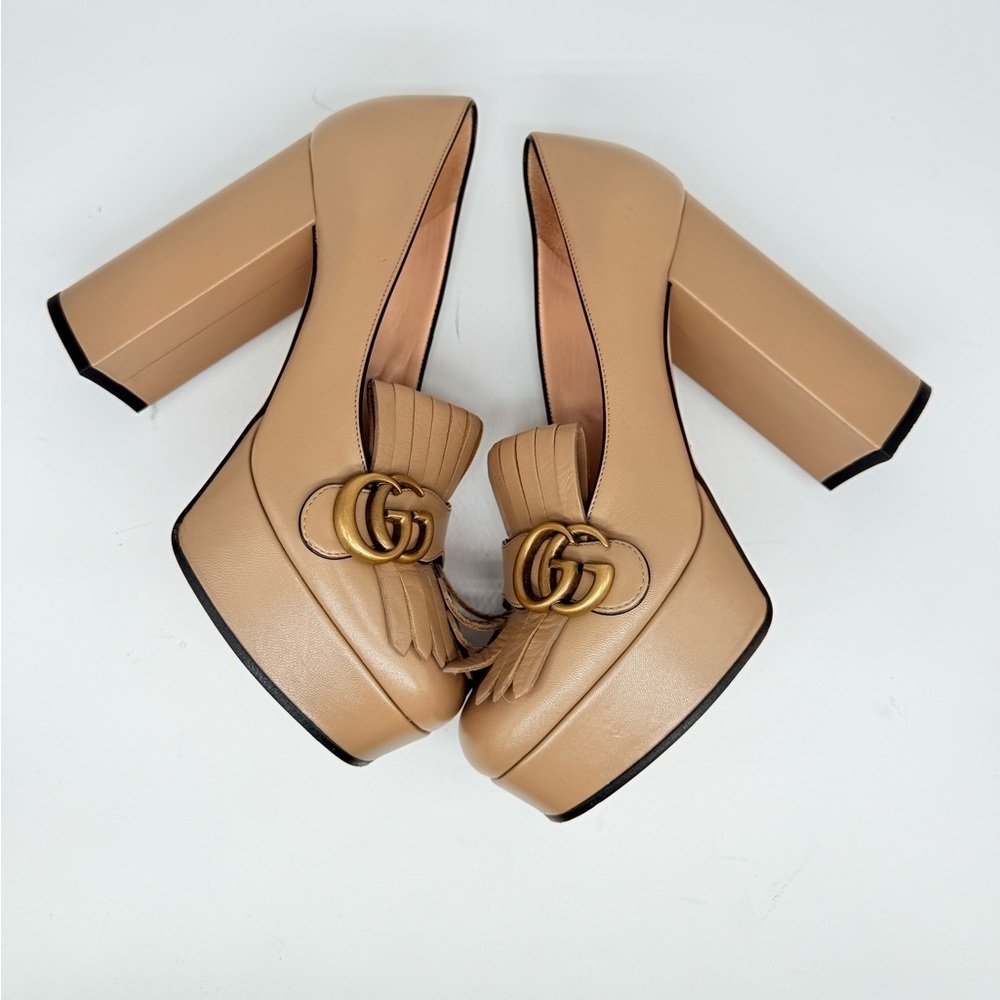 Gucci Tan/Mud Beige GG Marmont Fringe Platform Leather Loafers Pumps EU 38.5 - Picture 3 of 9